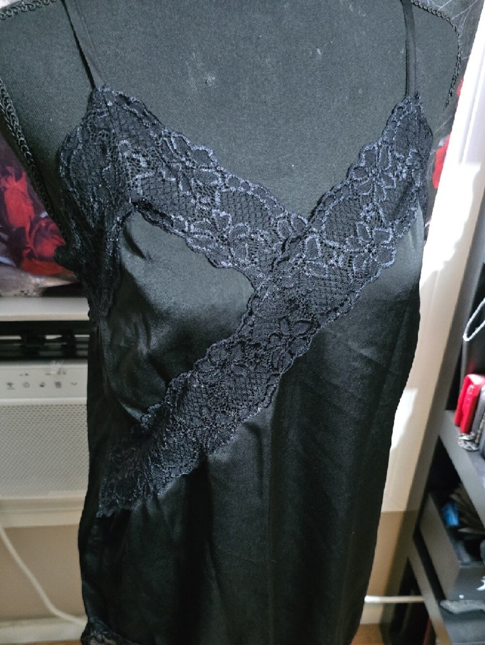 Black Asymetrical Long Lace Trim Satin Camisol - Picture 5 of 9